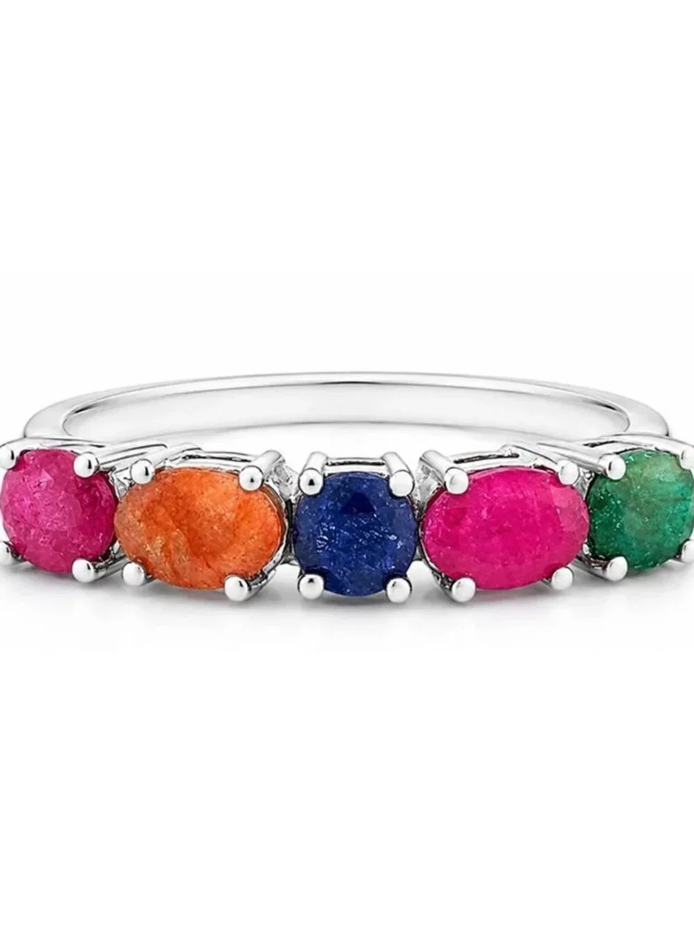 Genuine Ruby, Emerald, Sapphire & Padparadscha Ring Solid .925 Sterling Silver